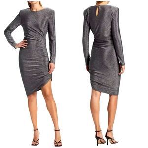 Veronica Beard Gunmetal Ruched Metallic Dress Long Sleeve Asymmetrical XS